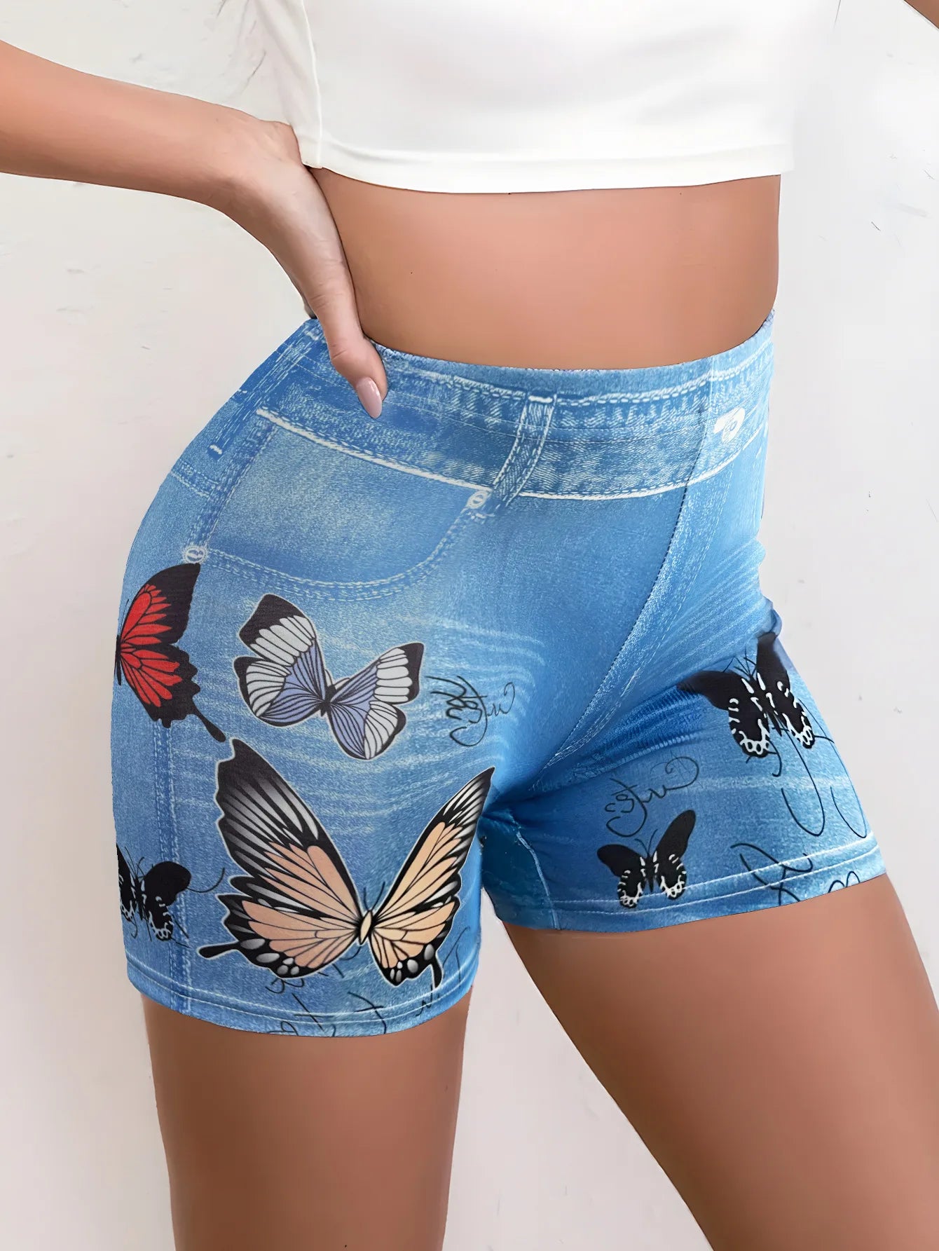 Girls Ripped Denim Shorts High Elasticity Hip Lifting Sports Shorts
