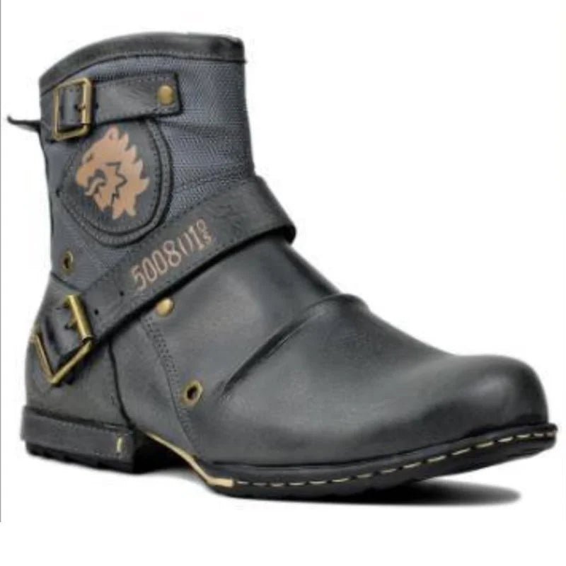 Men's Ankle Boots High Quality Cowboy Boots Men Metal Buckle Side Zipper Motorcycle Boots Gothic Boots Retro Western Boots