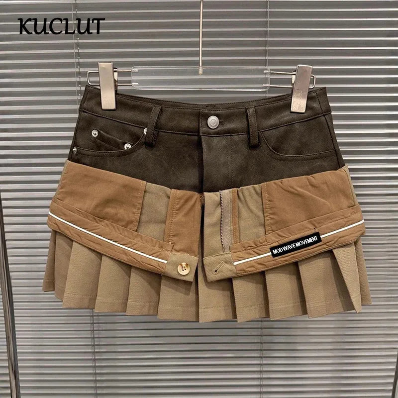 Autumn Winter New Niche Fashion Two-Piece Design Leather Patchwork Short Skirt For Women Pleated Skirts