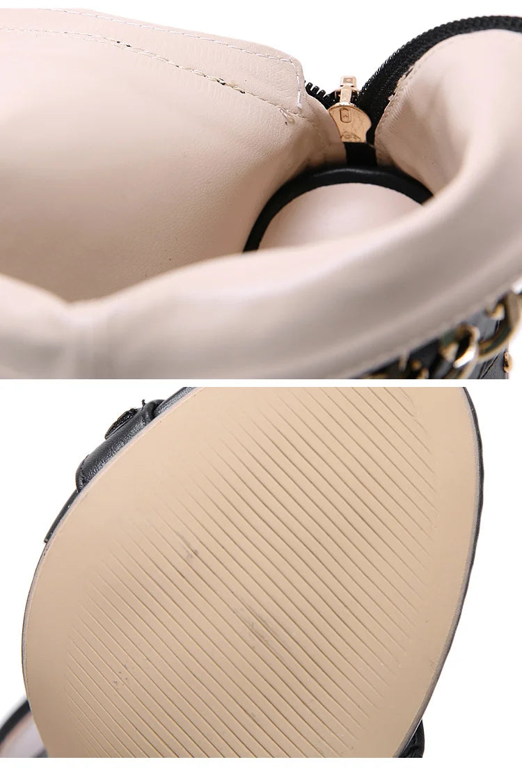 Aneikeh Sexy Rivet Metal Chain Sandals Peep Toe Thin Heel Pumps Gladiator Sandalias Zipper Women High Shoes