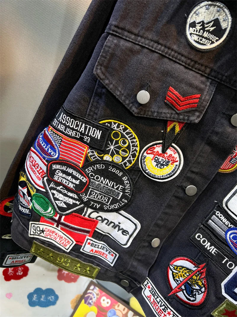 Men's Embroidered Denim Jacket Trendy Slim Fit w Badge Jeans Coat