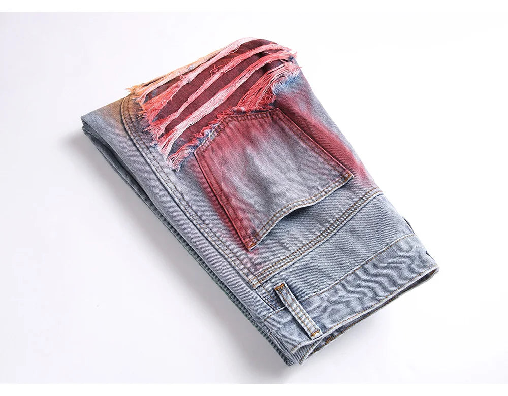 Men's colorful Ripped Graffiti Denim Pants Streetwear Loose Straight jeans