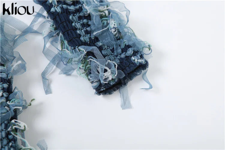 kliou Ruched Patchwork Mini Dress Women Striped Stacked Autumn Full Sleeve Crew Neck Holes Chic Bodycon Female Trend Streetwear