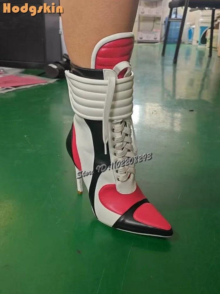 Patchwork Sports Ankle Boots Pointed Cross-tied High Heels Short Boots 2025 Autumn New Women Fashion Stiletto Motorcycle Shoes