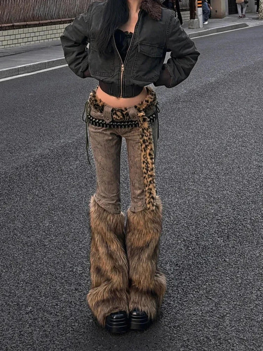 Women Faux Fur Patchwork Jeans Harajuku Denim Trousers Vintage 2000s Style Baggy Jean Pants