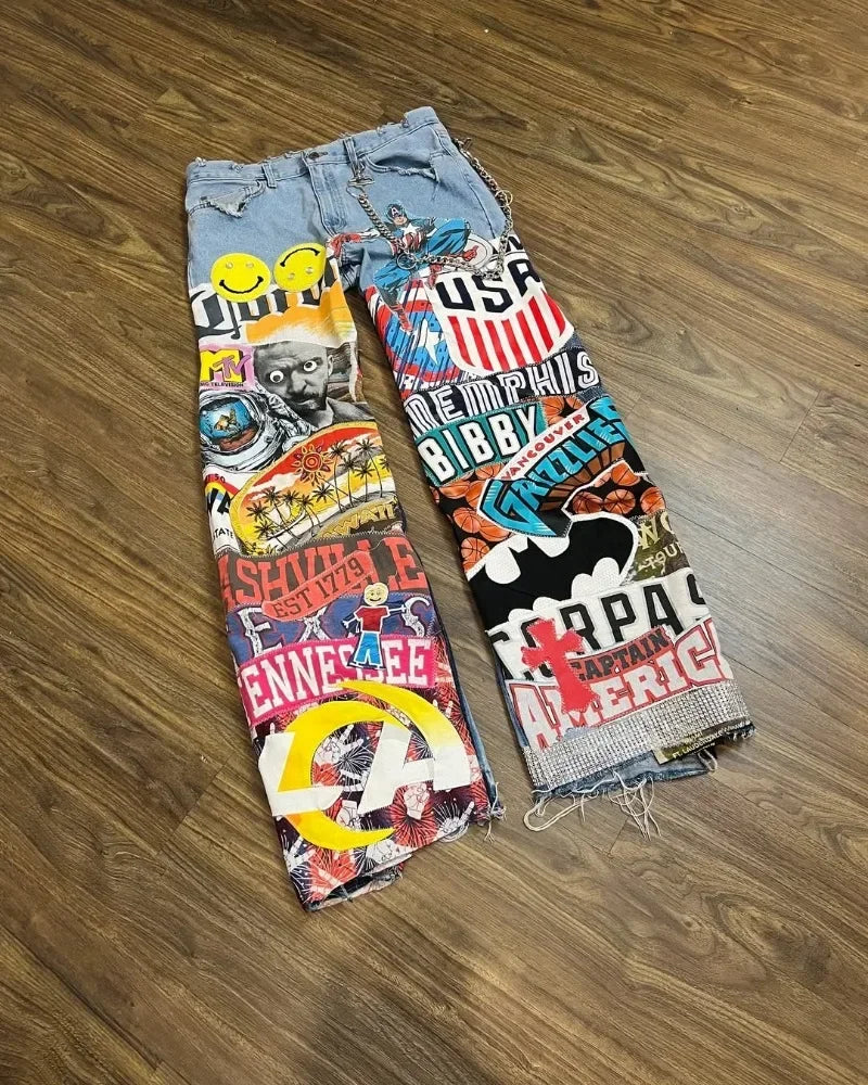 Hip-hop style high-waisted washed cartoon jeans oversized wide-legged pants men rock & women