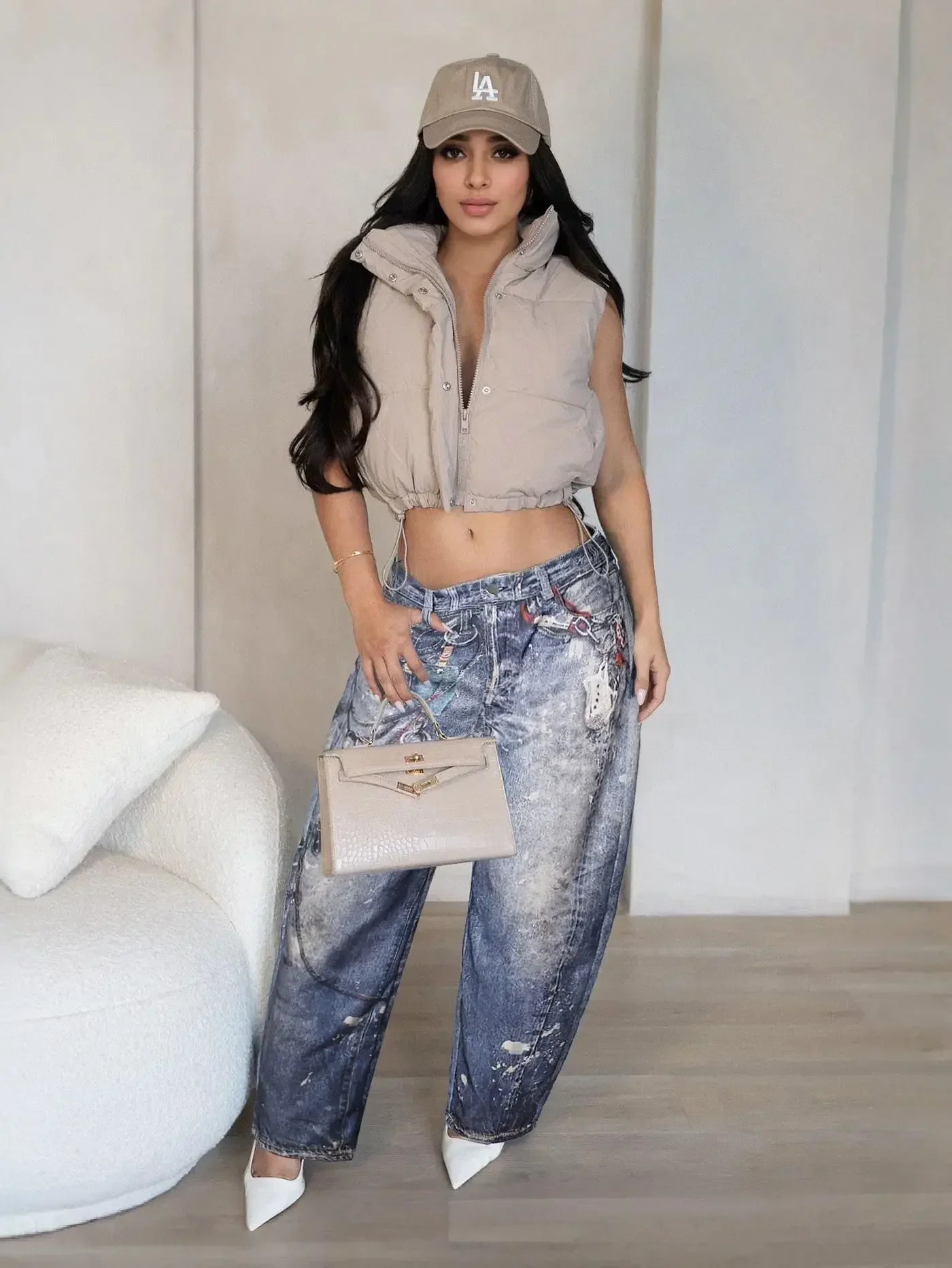 Women Denim Casual Leather Wide Leg Pants Streetwear Lady Loose Straight-Leg Jeans