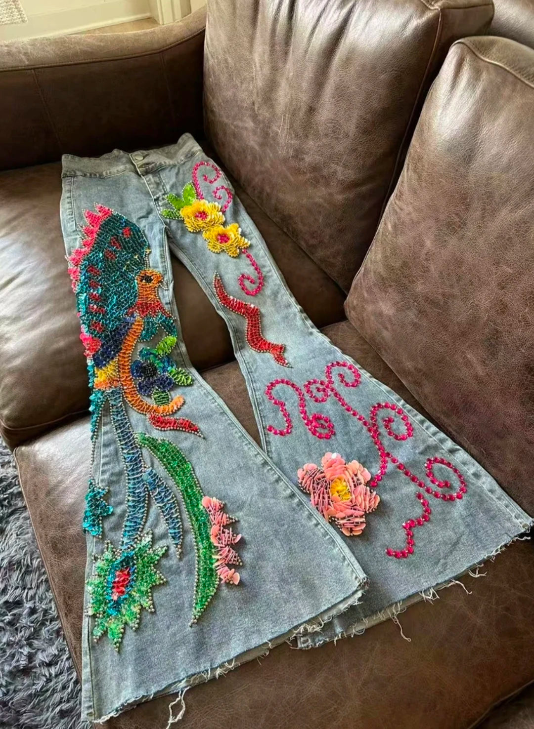 Designer Fashion Streetwear Handmade Sequins Beading Bird Big Flare Jeans Women Denim Pants