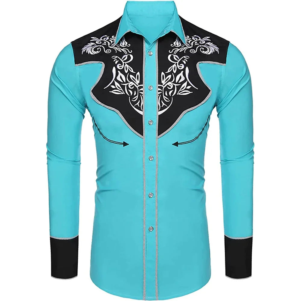 Men's western printed long -sleeved lapel single -breasted shirt casual social men's club street clothing