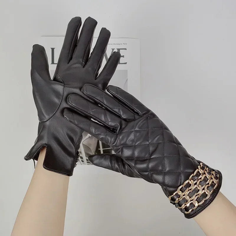 Women Black Chain Thickened Plush PU Leather Gloves