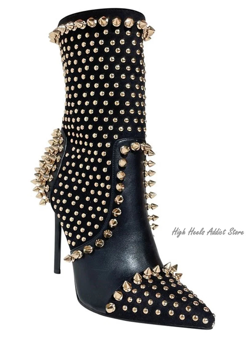 Black Studded Luxury Ankle Boots Women Sexy Full Stud High Heels Leather Sexy Booties Designer Dress Shoes