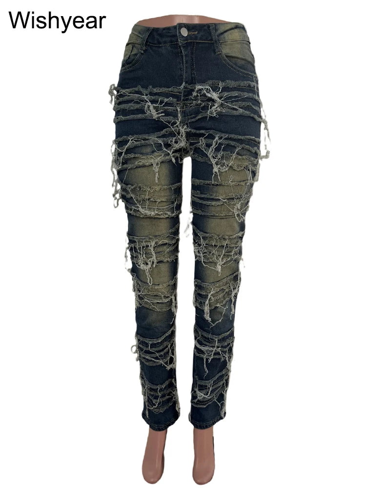 Vintage Pencil Pants Ripped Women Jeans Distressed Stretch Denim Trouser Wash Dark Blue Skinny Pockets Punk Style