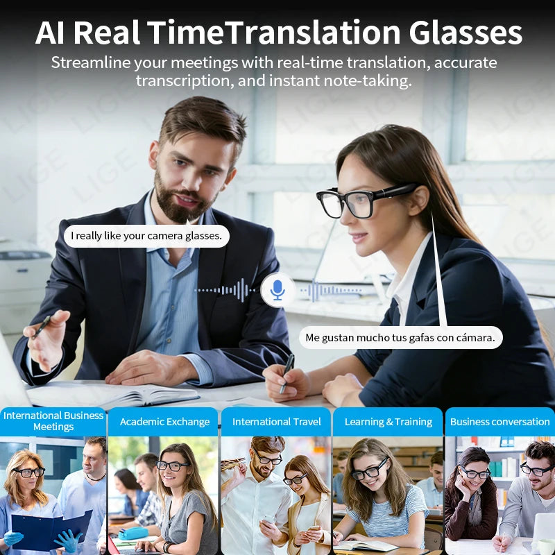 Smart AI Translation Smart Glasses 800W HD Camera 1080P Video WIFI transmission Bluetooth Call