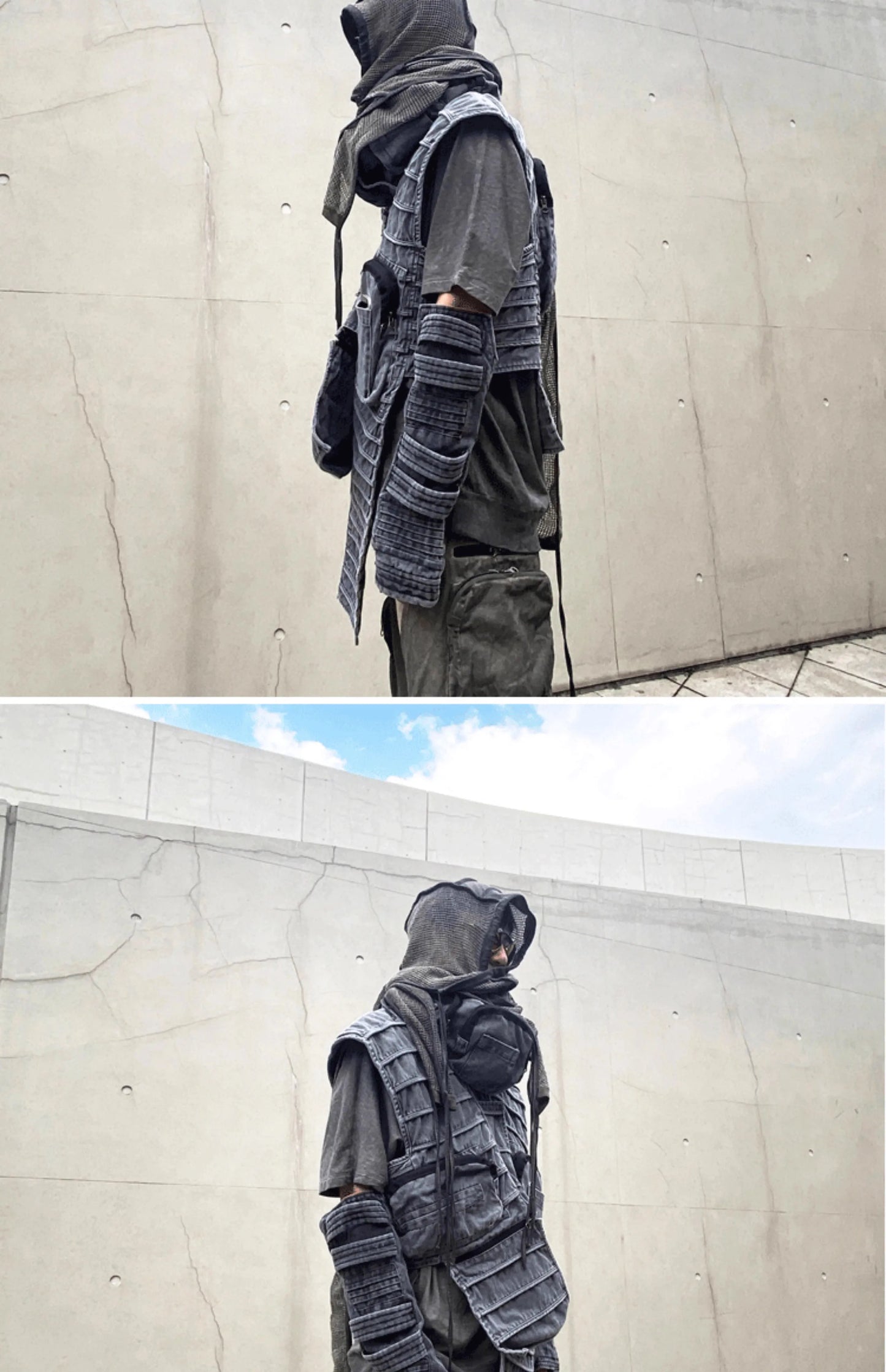 Pioneer Waste Soil Sand Dune Heavy Industry washed Asymmetric stereoscopic Bag Layered High Collar Vest coat