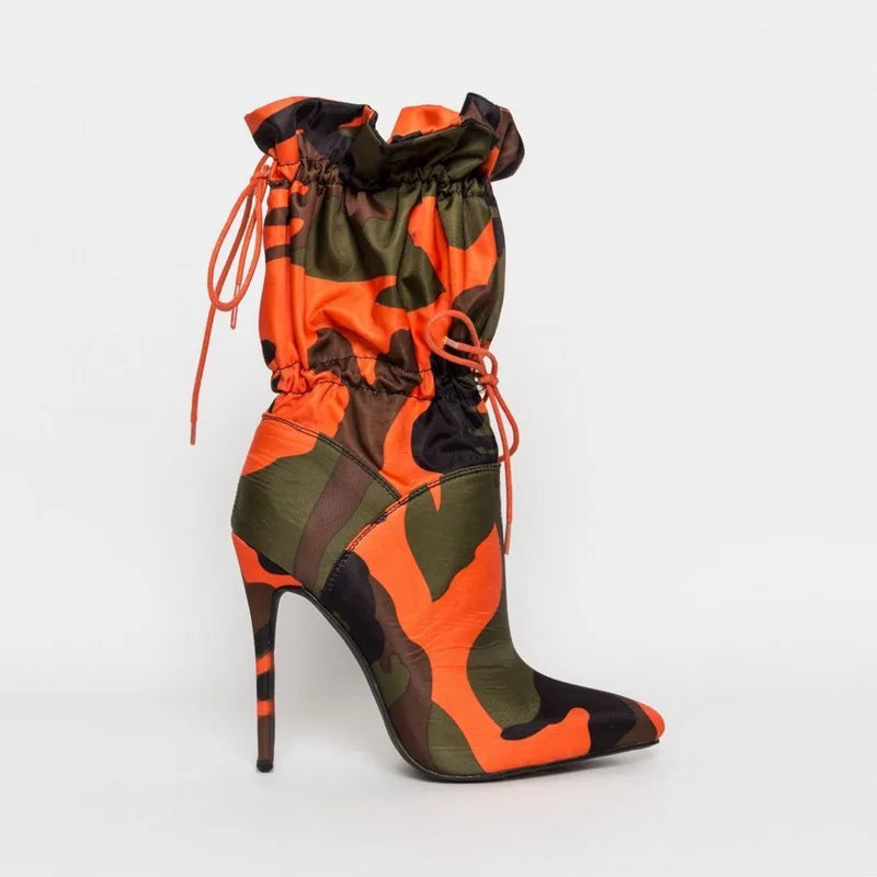 High Heels Pointed Toe Mid Calf Boots for Women Fashion Camouflage Stiletto Lace Up Women's Shoes Botas Mujer