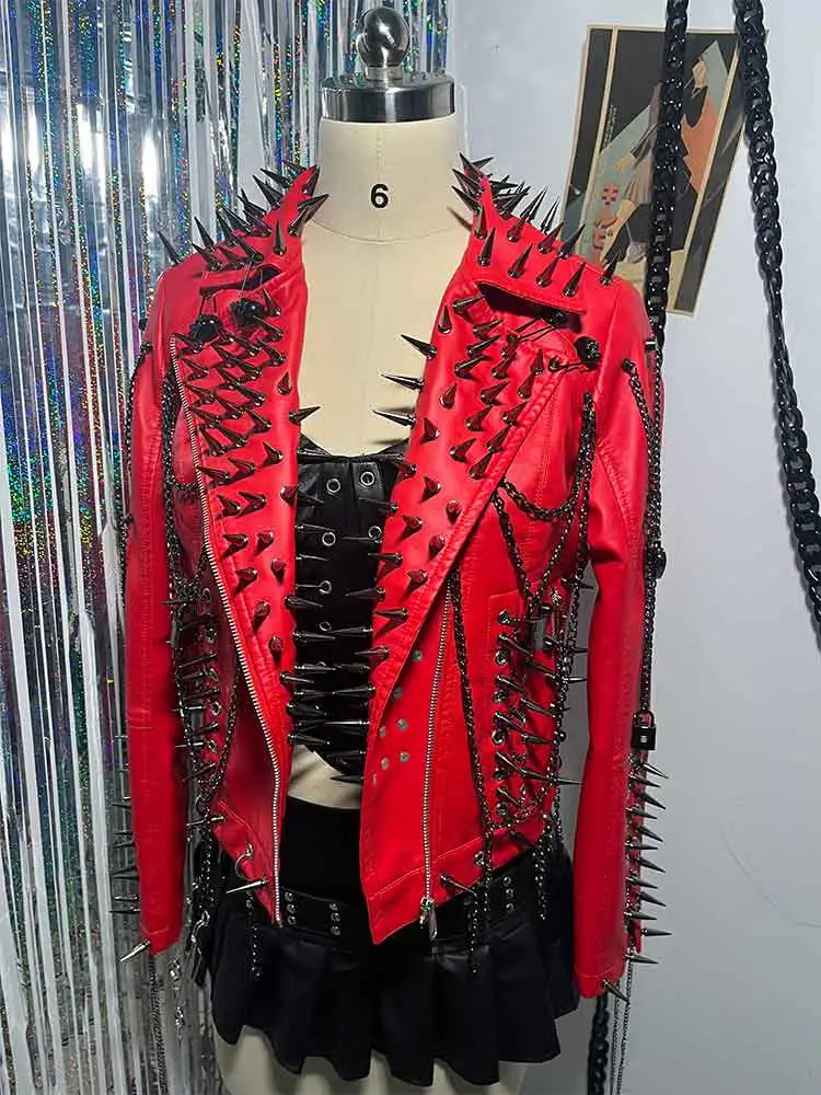 Punk Rock E-Girls Club Wear Harajuku Coat Goth Y2K Pu leather Jacket Zipper Spike Studded Rivet Grunge Chain Emo