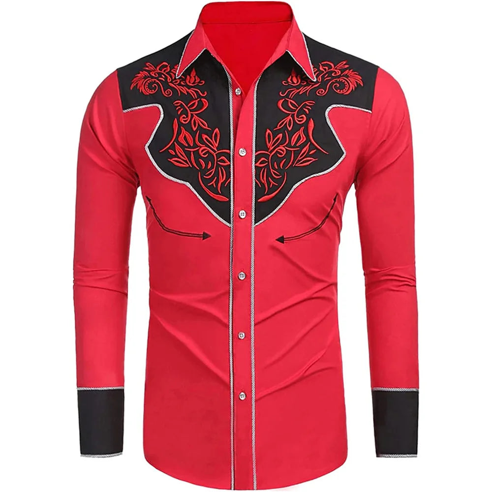 Men's western printed long -sleeved lapel single -breasted shirt casual social men's club street clothing