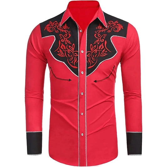 Men's western printed long -sleeved lapel single -breasted shirt casual social men's club street clothing