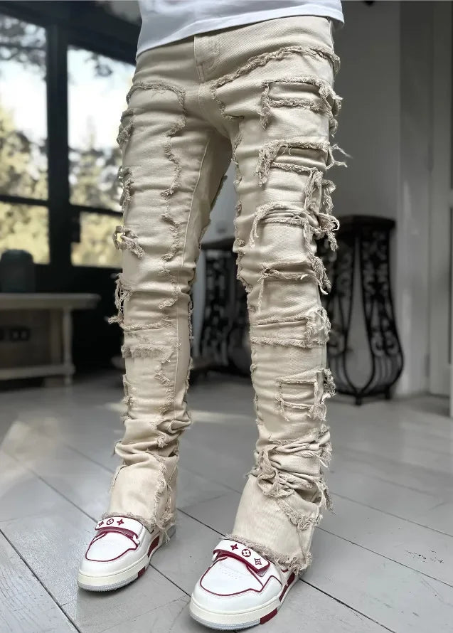 Men Ripped Stacked Jeans Distressed Slim Fit Skinny Straight Leg Jeans Fashion Hip Hop Denim Pants Casual Streetwear
