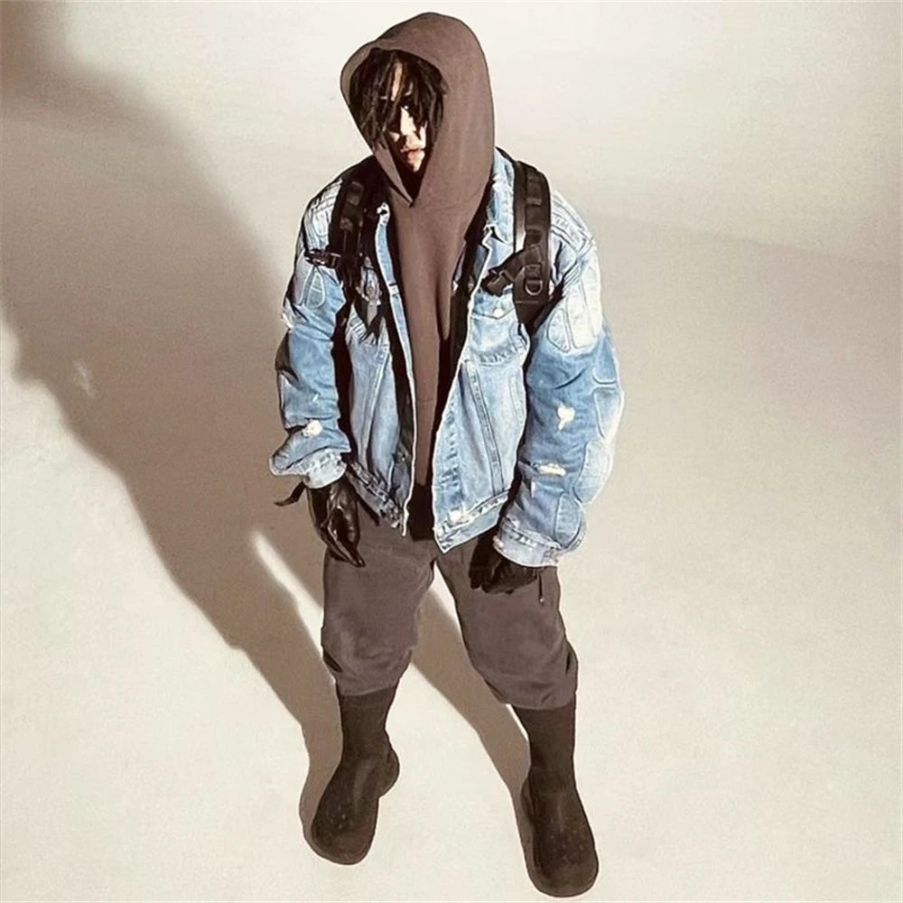 Kanye Co Branded Armor Hole Denim Jeans Jacket Men Women Nice Washed Heavy Fabric Unisex Jackets Coat