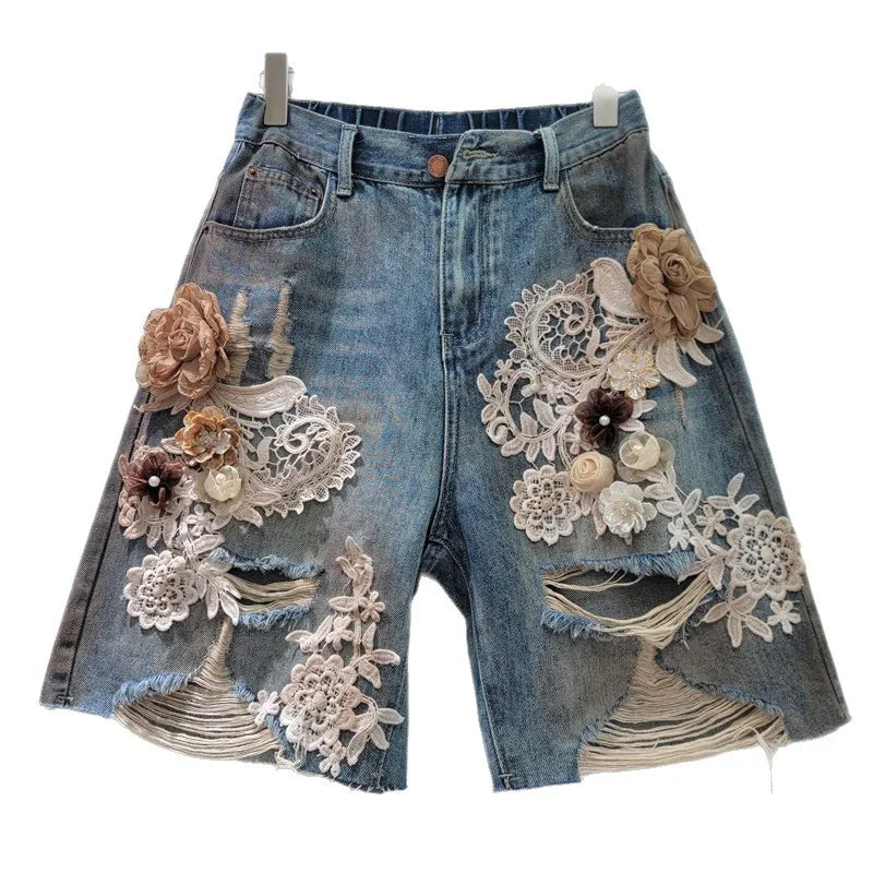 Jenas Shorts Women Summer New Lace Flower Splicing, Brushed, Broken Hole Water Diamond Denim Shorts