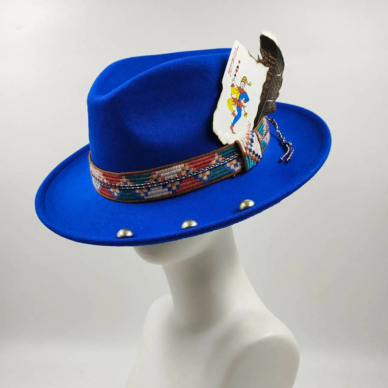 Feather Fedoras Hat for Men Women Black Felt Wide Brim Jazz Cap Plum Blossom 8 Playing Card
