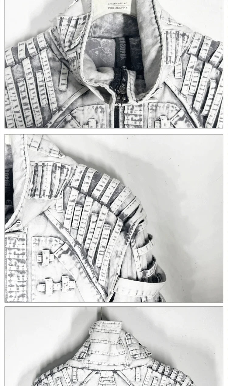 Waste Soil Sand Dune Style Men's Asymmetry Slim Fit Motorcycle Jacket Washed Distressed Fold Deconstruction Coat Male