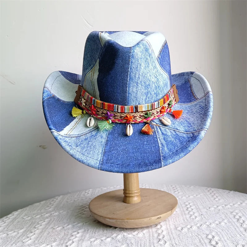 Ethnic Style Cowboy Hat Fashion Chic Unisex Solid Color Jazz Hat With Bull Shaped Decor