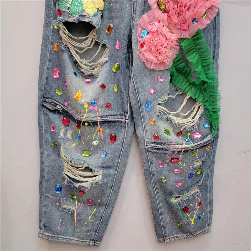 HKSH Spring Summer New Women Ins Chic High Street Three-dimensional Flower Diamonds Jeans Casual Elastic Waist Long Pants