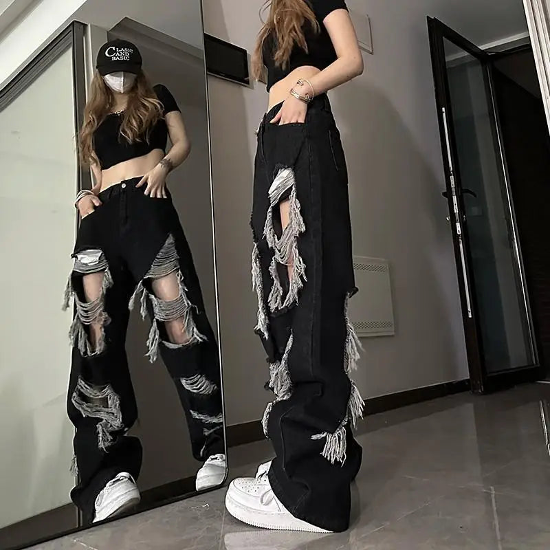 New Front-Rear  Broken Hole Jeans All-Match Distressed Women High Street Hip Hop High Waist Straight Loose Trousers