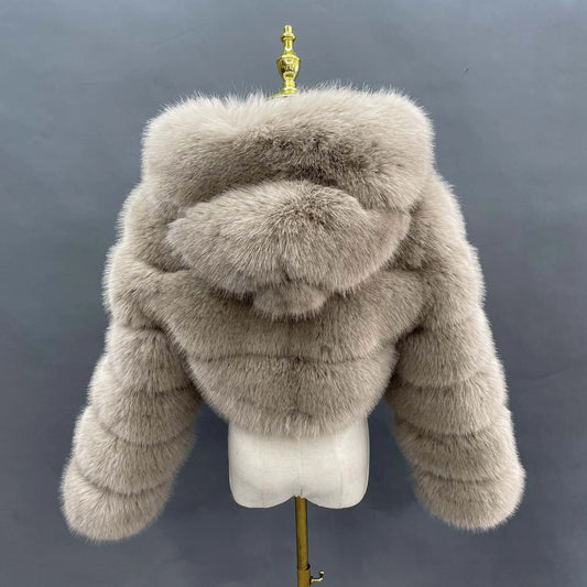 Quality High Simulation Fox Fur 3 Rows Hooded Jacket Colorful Fur Coat