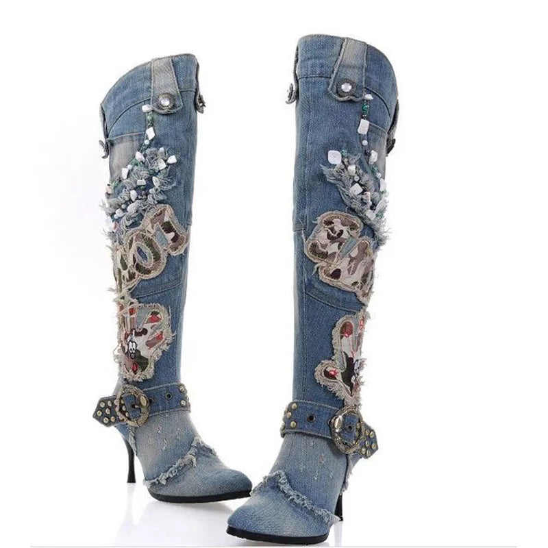 Women's Denim boots qiu dong high-heeled, bead high boots over-the-knee