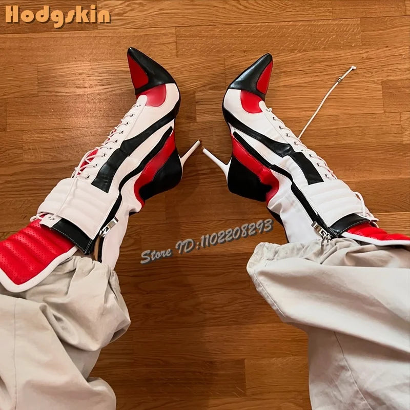 Patchwork Sports Ankle Boots Pointed Cross-tied High Heels Short Boots 2025 Autumn New Women Fashion Stiletto Motorcycle Shoes