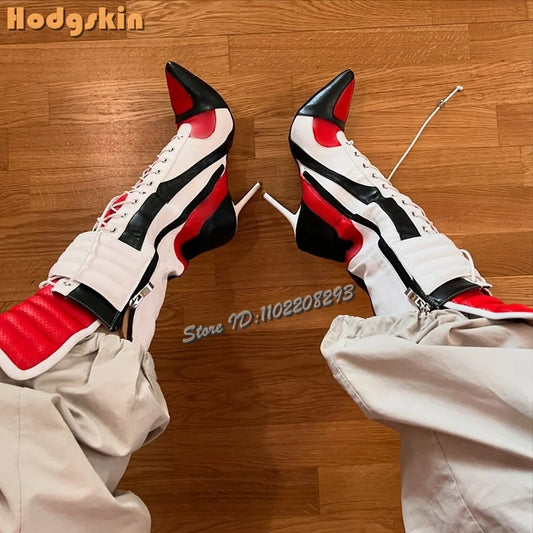 Patchwork Sports Ankle Boots Pointed Cross-tied High Heels Short Boots 2025 Autumn New Women Fashion Stiletto Motorcycle Shoes