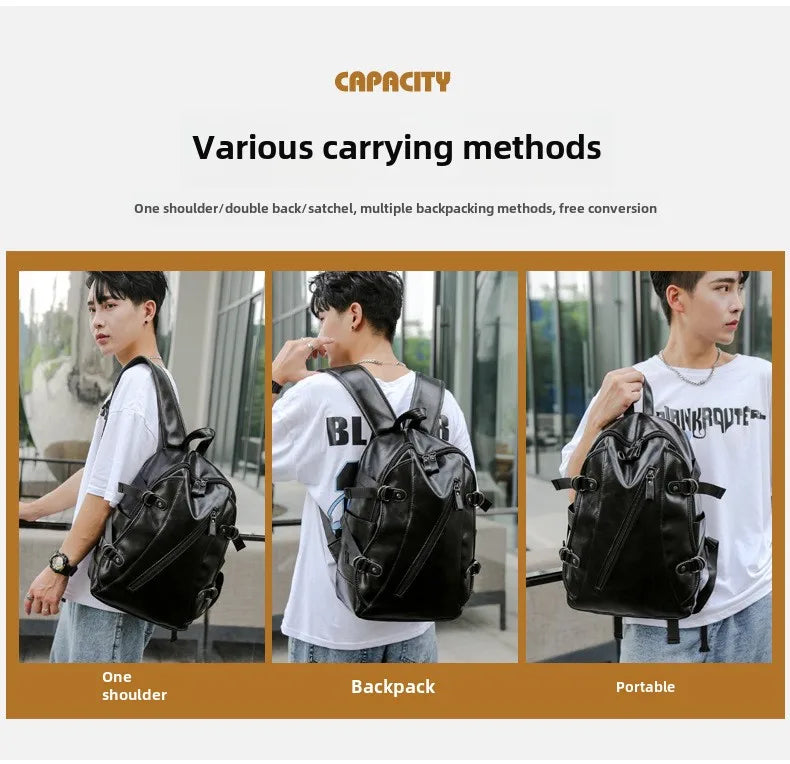 soft PU leather vintage casual backpack for men large capacity travel backpack male laptop shoulder bag waterproof work backpack