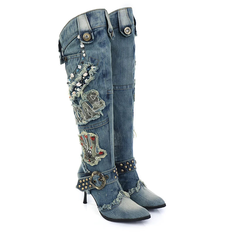 Women's Denim boots qiu dong high-heeled, bead high boots over-the-knee
