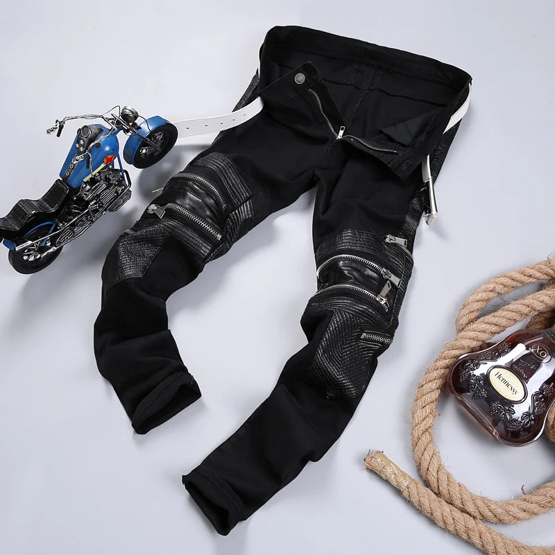 uxi Men's Slim Fit Elastic Leather Patchwork Jeans Breathable Multi-Zipper Casual Cotton Stretch Denim