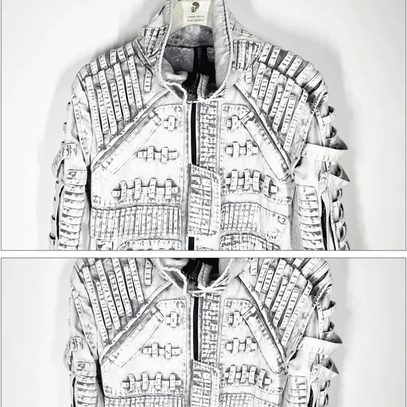 Waste Soil Sand Dune Style Men's Asymmetry Slim Fit Motorcycle Jacket Washed Distressed Fold Deconstruction Coat Male