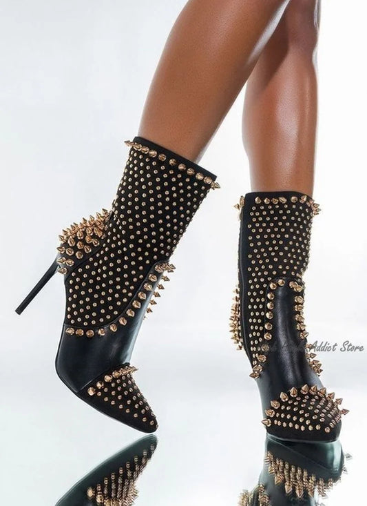 Black Studded Luxury Ankle Boots Women Sexy Full Stud High Heels Leather Sexy Booties Designer Dress Shoes