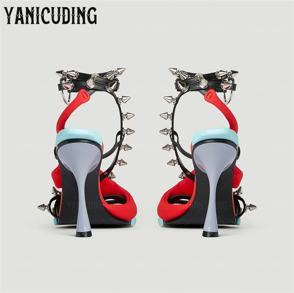 Stud Flower Sole Stiletto Sandals Novelty Open Toe Toe Post Buckle High Heels Ankle Straps All over Rivet Contrast Panel Sandals