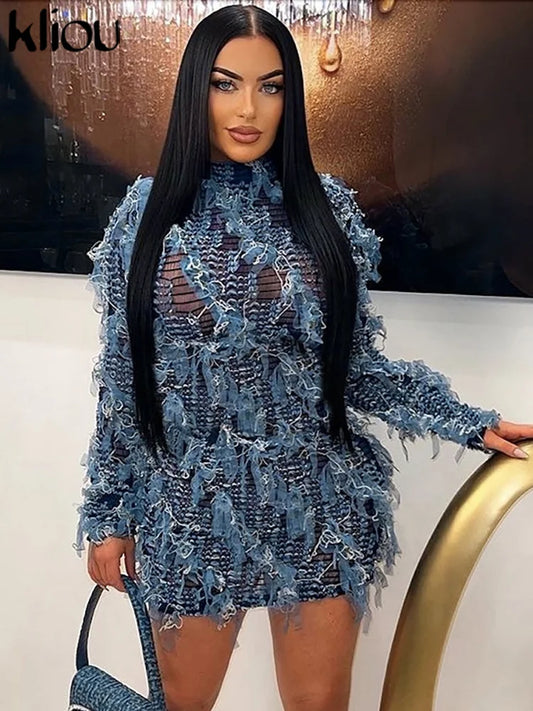 kliou Ruched Patchwork Mini Dress Women Striped Stacked Autumn Full Sleeve Crew Neck Holes Chic Bodycon Female Trend Streetwear