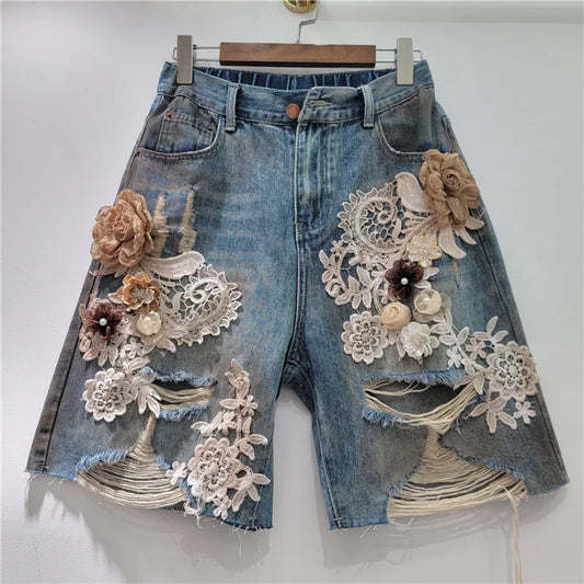 Jenas Shorts Women Summer New Lace Flower Splicing, Brushed, Broken Hole Water Diamond Denim Shorts