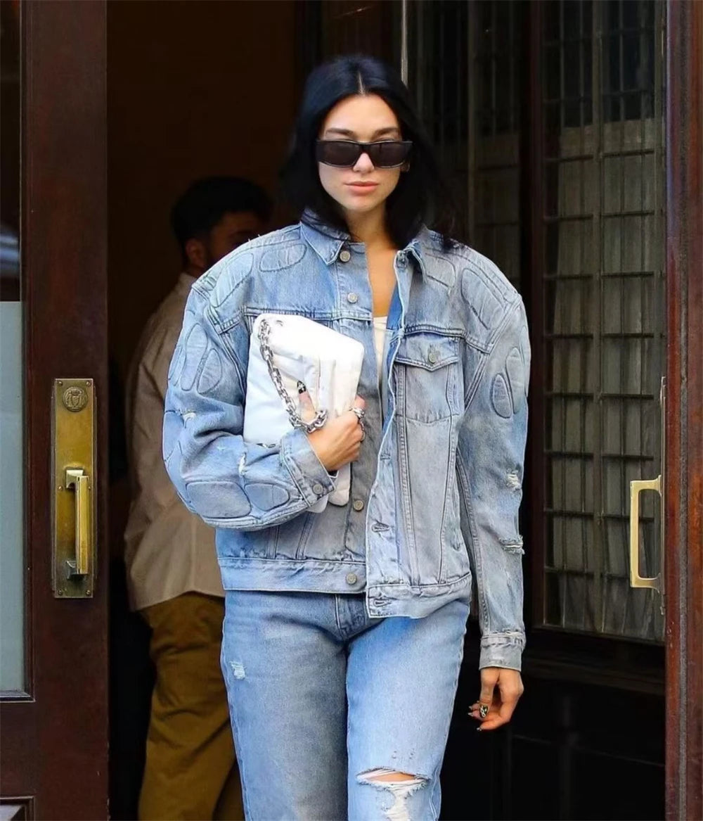 Kanye Co Branded Armor Hole Denim Jeans Jacket Men Women Nice Washed Heavy Fabric Unisex Jackets Coat