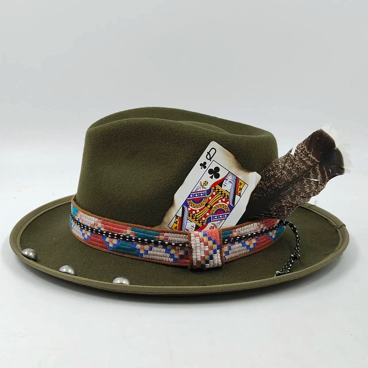 Feather Fedoras Hat for Men Women Black Felt Wide Brim Jazz Cap Plum Blossom 8 Playing Card
