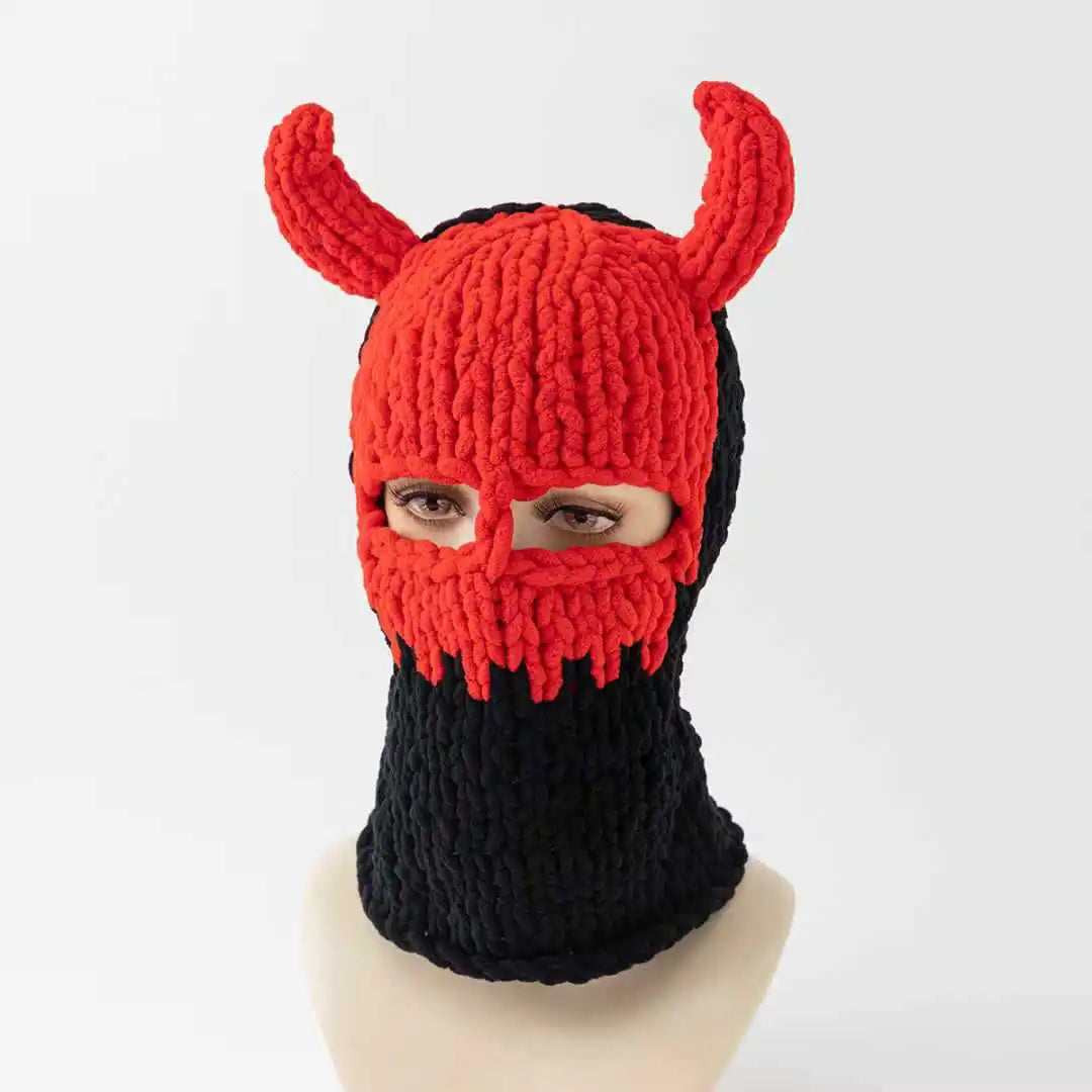 Little Devil Handmade Knitted Hat Thickened Warm Velvet Hat Face Mask Funny Ear Sweet Winter Trendy Hat