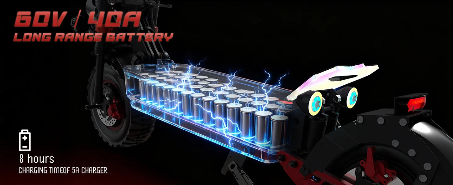 1000W Foldable Adult Electric Scooter 60V 40AH Dual Motor Max Range 74.5 Miles Speed 52.8Mph 13'' All Terrain Electric Scooter