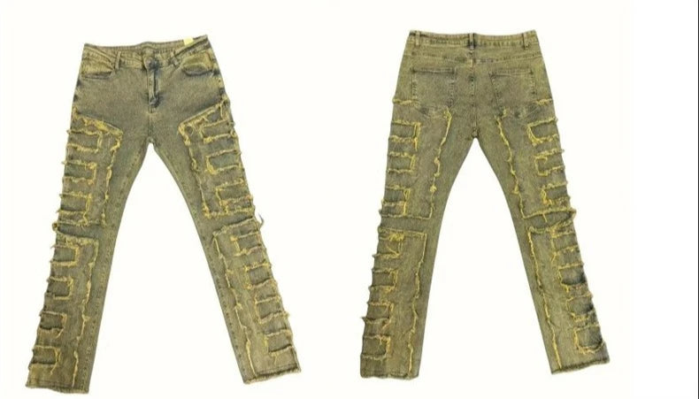 Distressed Men's Jeans Tassels Patchwork Design Vintage Washed Stretch Denim Pants Straight Fashion Streetwear Trousers