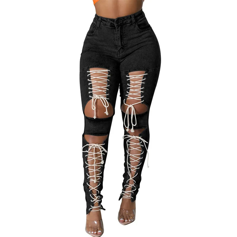Women's Lace Up Skinny Jeans Stretch Distressed Destroyed Denim Pants Sexy Daily Date Street Going Out Night Club Party Jeans