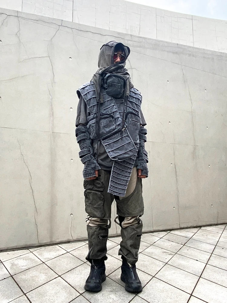 Pioneer Waste Soil Sand Dune Heavy Industry washed Asymmetric stereoscopic Bag Layered High Collar Vest coat