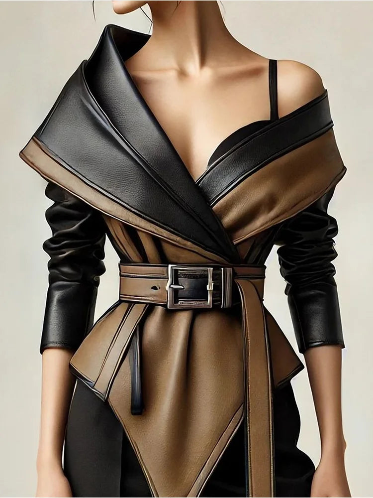 Fashion Women's Leather Top Off Shoulder Contrast Color Lapel Long Sleeve Belted Waist Irregular Hem Party Evening Outwear